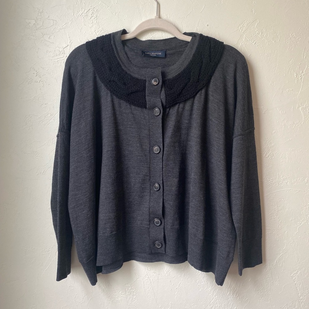 Piazza Sempione 100% Wool Cardigan Charcoal Italy Chunky Collar IT 46 US 12